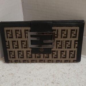 Fendi Brown & Beige Zucca FF Logo Clasp Wallet
